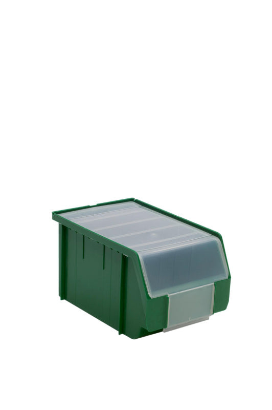 Robuste Deckel-Lagerbox mit ergonomischen Griffen, stapelbar und für Werkstatt oder Baustelle geeignet.