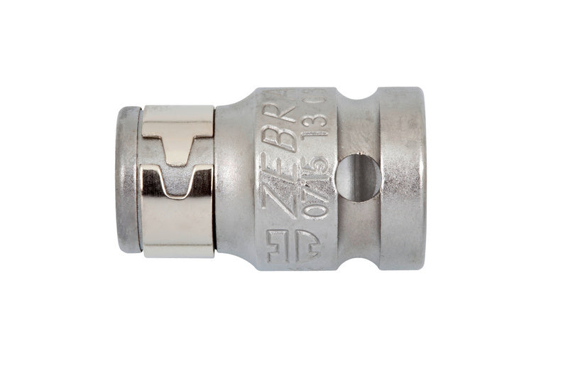 A metal adapter bit with a hexagonal shape for connecting drill bits.