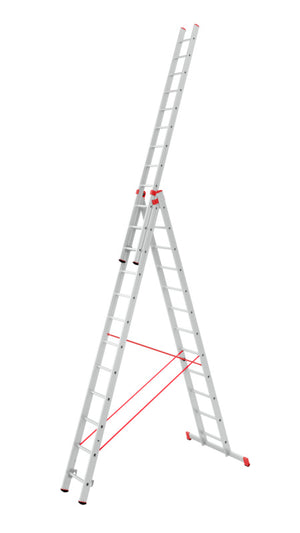 Dreiteilige Aluminiumleiter mit rutschfestem Fuß und klappbarer Bauweise für einfache Lagerung.
