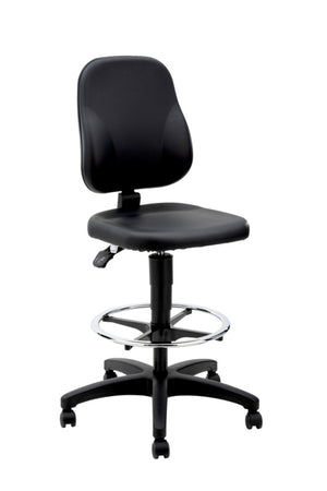 Ergonomischer Werkstatt-Arbeitsstuhl mit Kunstlederbezug, höhenverstellbar und gepolsterten Armlehnen.