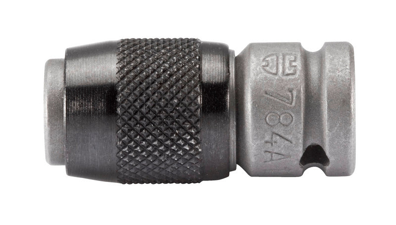 A metal adapter bit with a hexagonal shape for connecting drill bits.