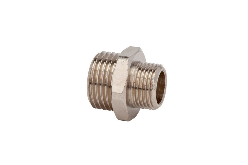 Robuster Doppelnippel aus Metall für Druckluftsysteme mit zwei Anschlussenden.