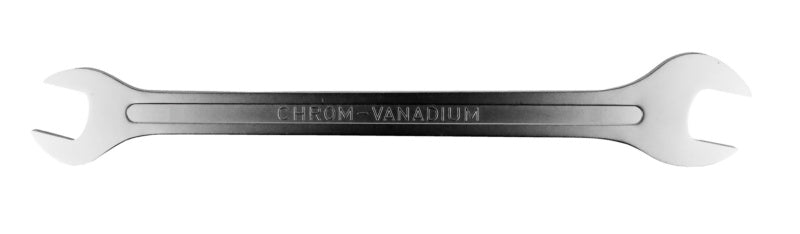 A double-ended wrench with two different sized openings for versatile use.