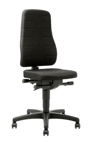 Höhenverstellbarer Arbeitsstuhl mit gepolsterter Sitzfläche und drehbarem Design für Werkstätten.