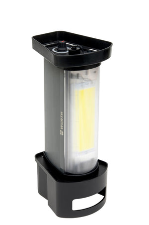 Akku-LED Arbeitsleuchte mit robustem Design und verschiedenen Helligkeitsstufen.