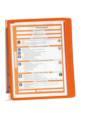 Wandmontierter Dokumentenhalter mit fünf Fächern für übersichtliche Präsentation von Unterlagen.