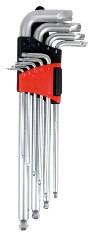 Neunteiliger Winkelschraubendreher Satz mit ergonomischen Griffen in kompakter Verpackung.