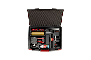 A complete pin puller set with various tools for removing dents from surfaces.