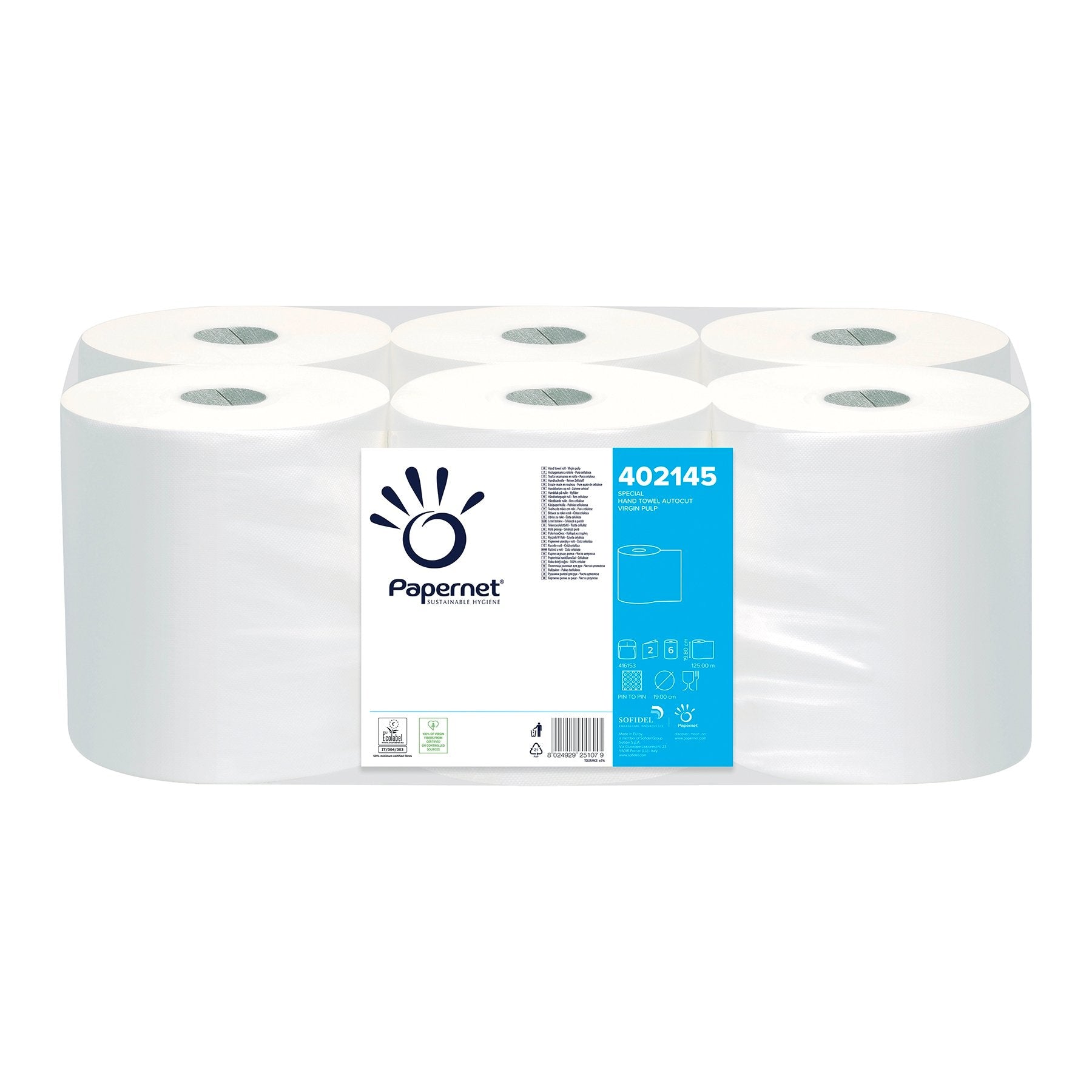 Sechs zweilagige Handtuchpapierrollen aus Zellstoff, 124 Meter lang und 20 cm breit.