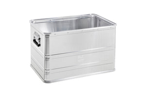 Robuste Aluminiumbox mit Verschluss, großem Innenraum und praktischem Tragegriff.