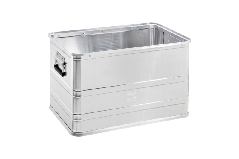 Robuste Aluminiumbox mit Verschluss, großem Innenraum und praktischem Tragegriff.