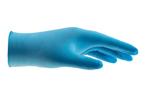 Einweg-Nitrilhandschuhe in Blau, puderfrei, in einer Verpackungseinheit von 100 Stück.