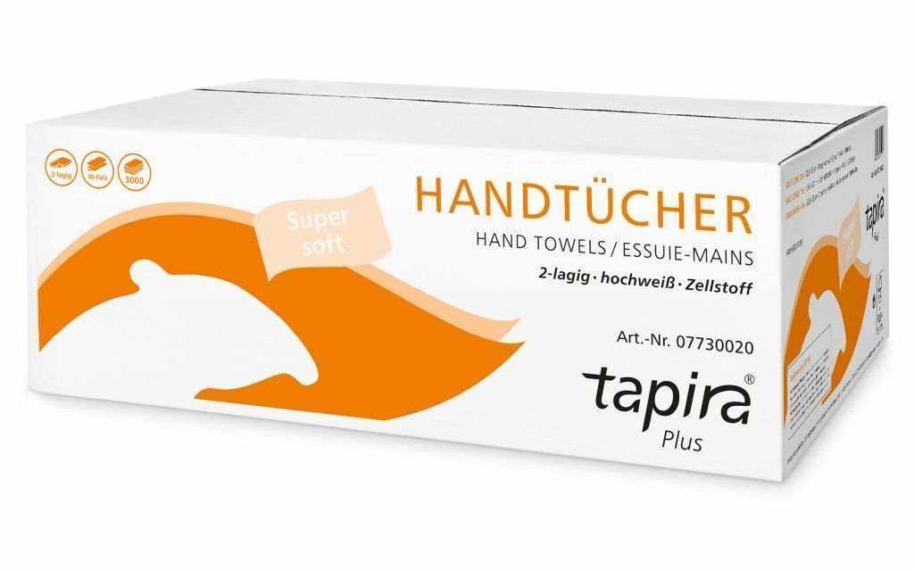 Packung TAPIRA Plus Handtuchpapier 2-lagig hochweiß Zellstoff 3000 Blatt 20,3x32 cm