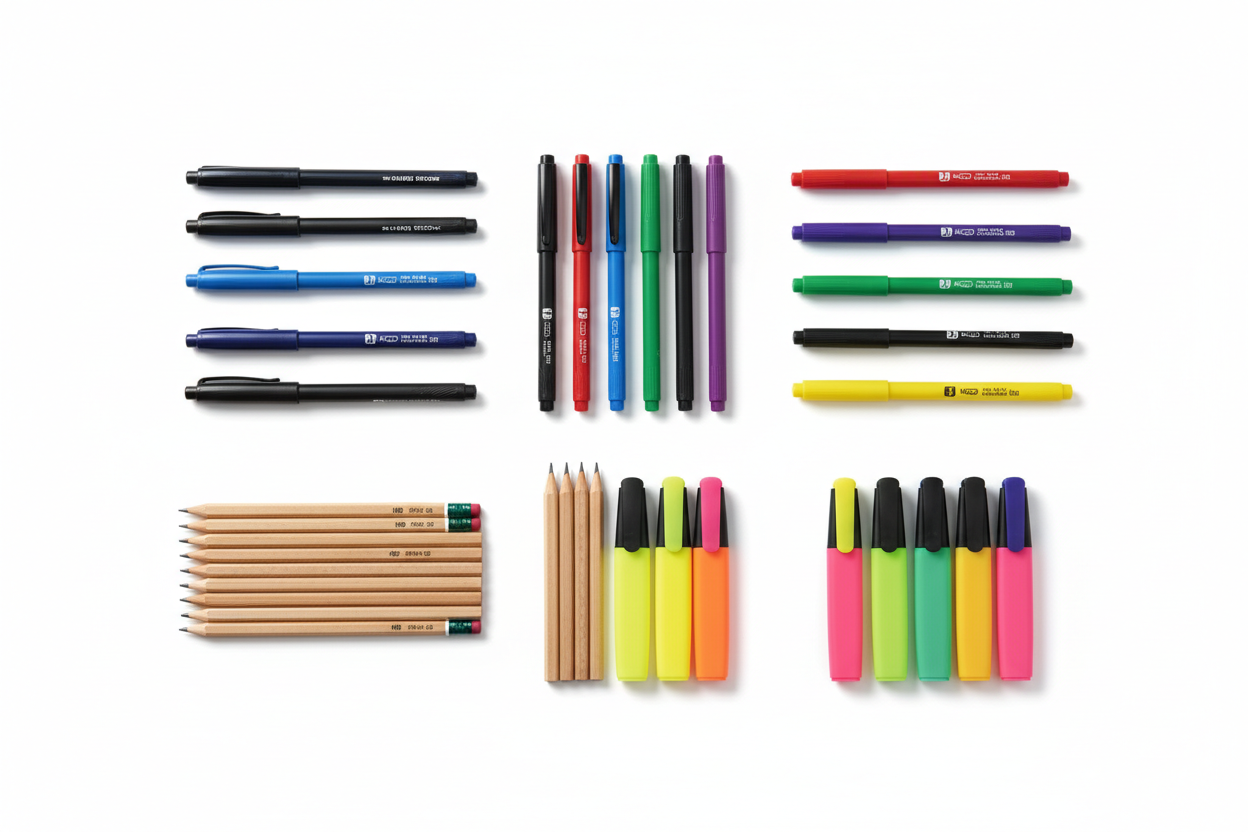 Schreibgeräte (z. B. Kugelschreiber, Marker, Bleistifte, Textmarker)