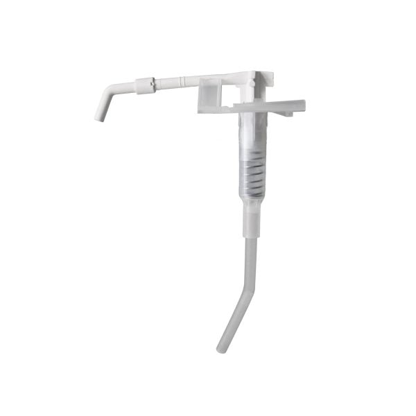 Weiße und transparente Kunststoffpumpe mit einem gebogenen Auslauf.