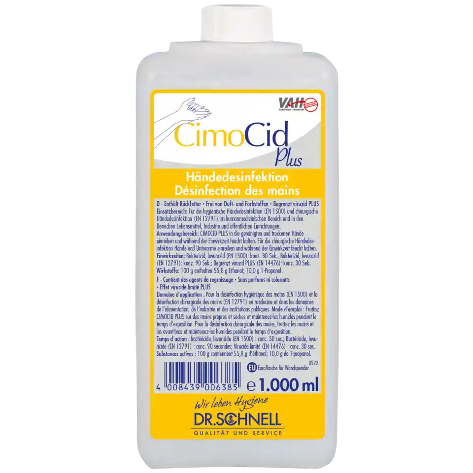 1 Liter Euroflasche CimoCid PLUS Desinfektionsmittel für hygienische Flächen- und Instrumentendesinfektion.