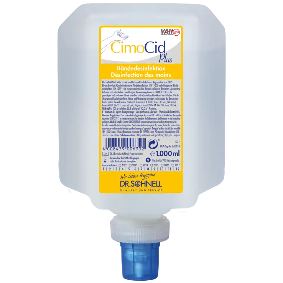 CimoCid PLUS 1L bottle with a label, designed for effective disinfection of surfaces.