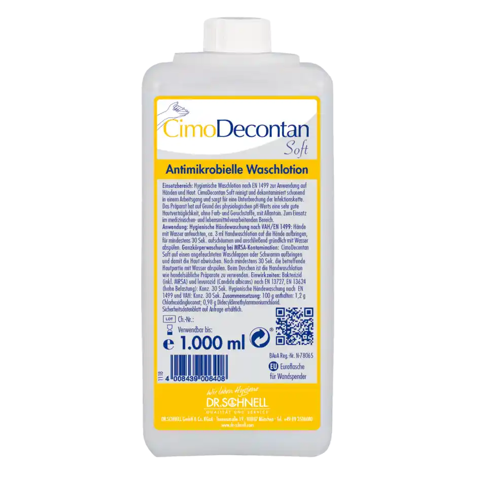 1L Euroflasche CimoDecontan Soft mit Desinfektionsmittel für hygienische Anwendungen.