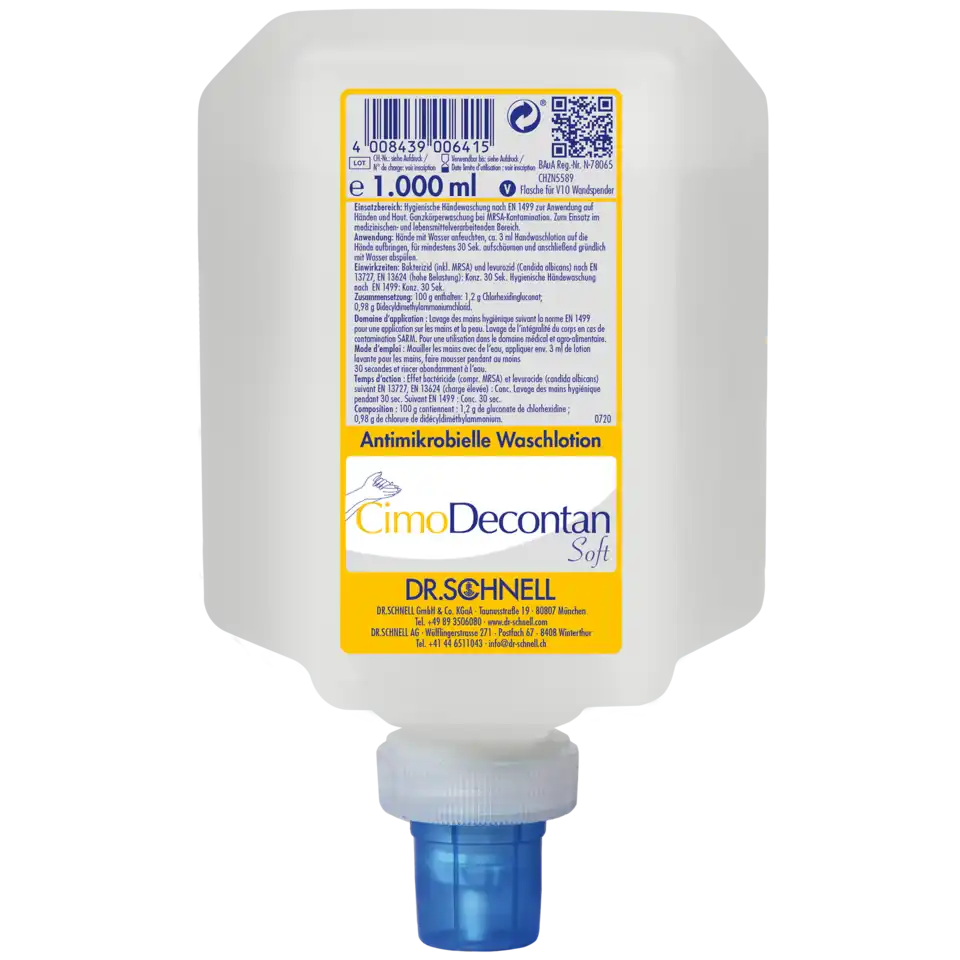 1L V10 bottle of CimoDecontan Soft disinfectant with a gentle skin-friendly formula.