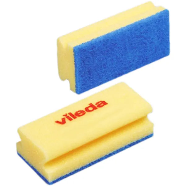 Zwei gelbe und blaue Vileda Reinigungsschwämme.