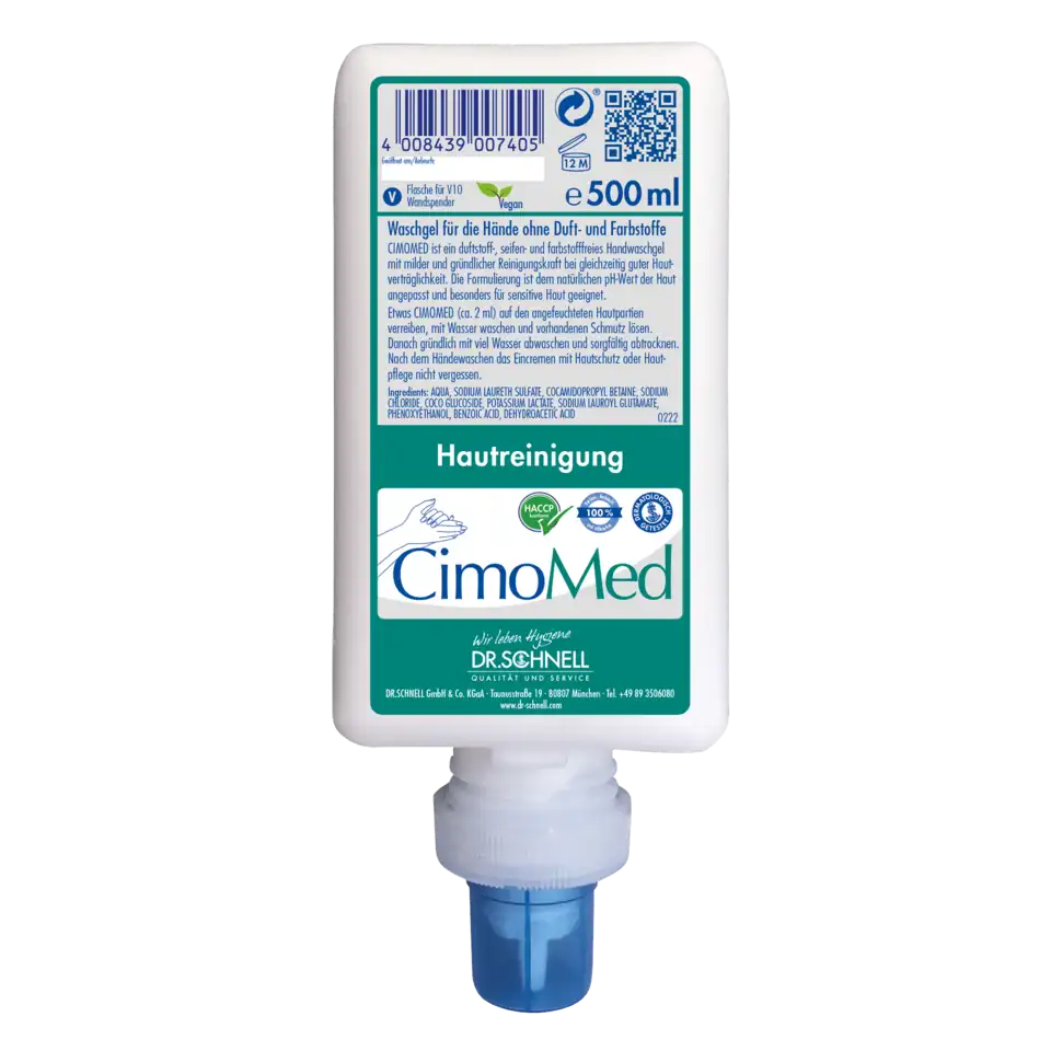 Transparente Cimomed 500ml Flasche für V10 Spender mit hygienischem Dosierdesign.