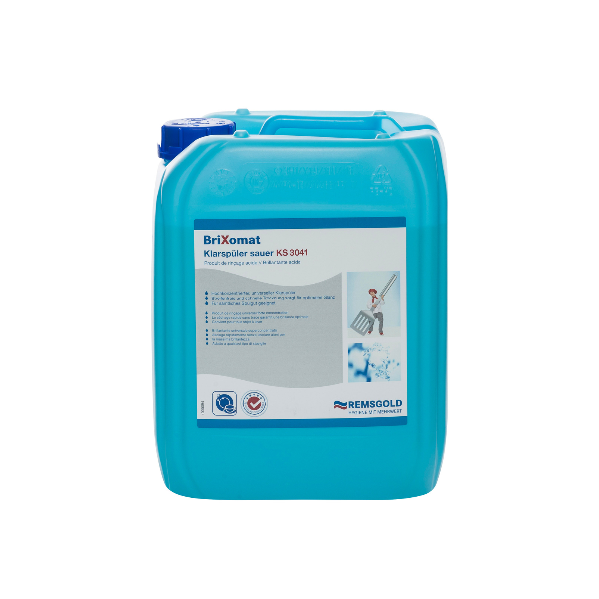 10kg Kanister des Brixomat sauren Klarspülers KS 304 für Geschirrspülmaschinen.