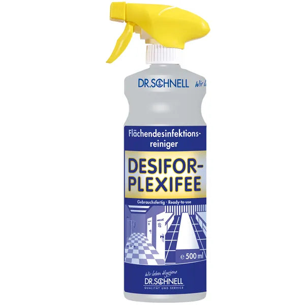 500ml Flasche DESIFOR-PLEXIFEE mit Sprühkopf für effektive Desinfektion in medizinischen Einrichtungen.