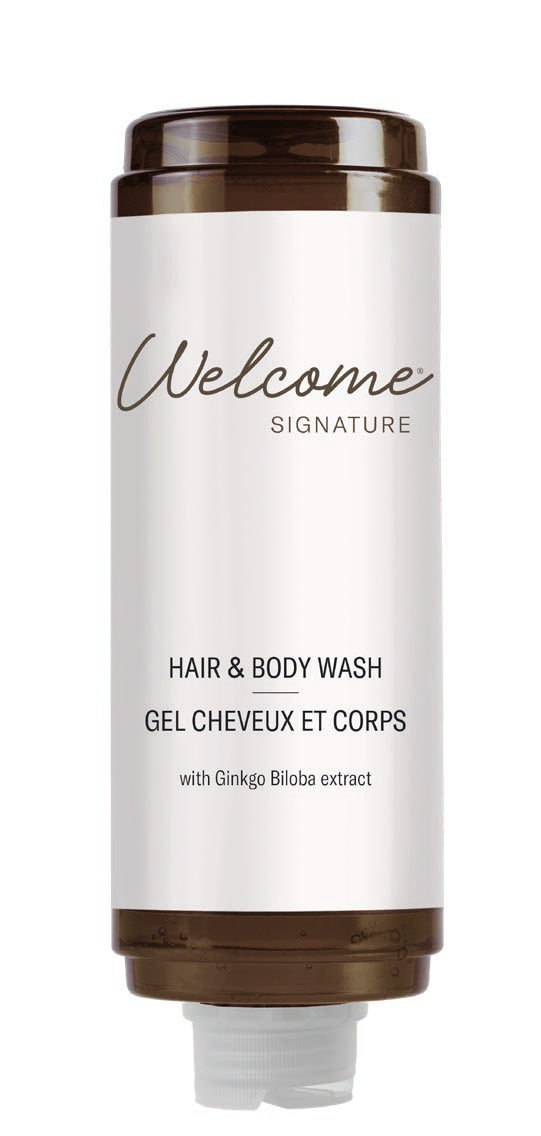 Welcome Signature Hair & Body Wash in einer Spenderflasche mit Ginkgo Biloba Extrakt.