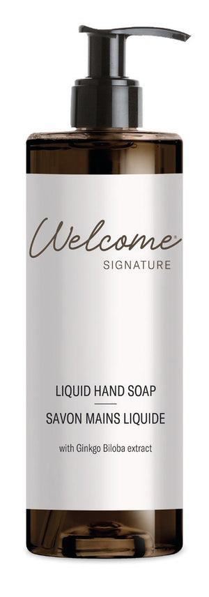 Welcome Signature Liquid Hand Soap with Ginkgo Biloba extract in a pump dispenser.