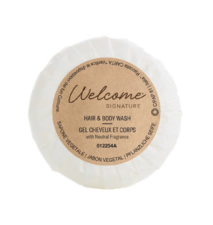 Welcome Signature hair and body wash soap with neutral fragrance.