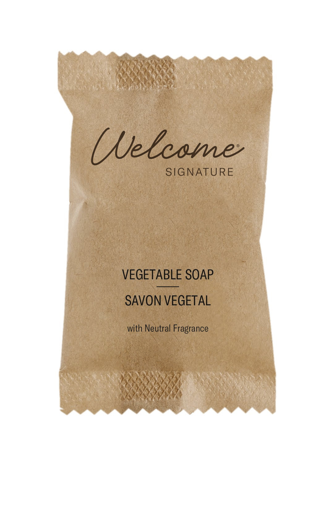 Welcome Signature Vegetable Soap in a brown paper sachet.