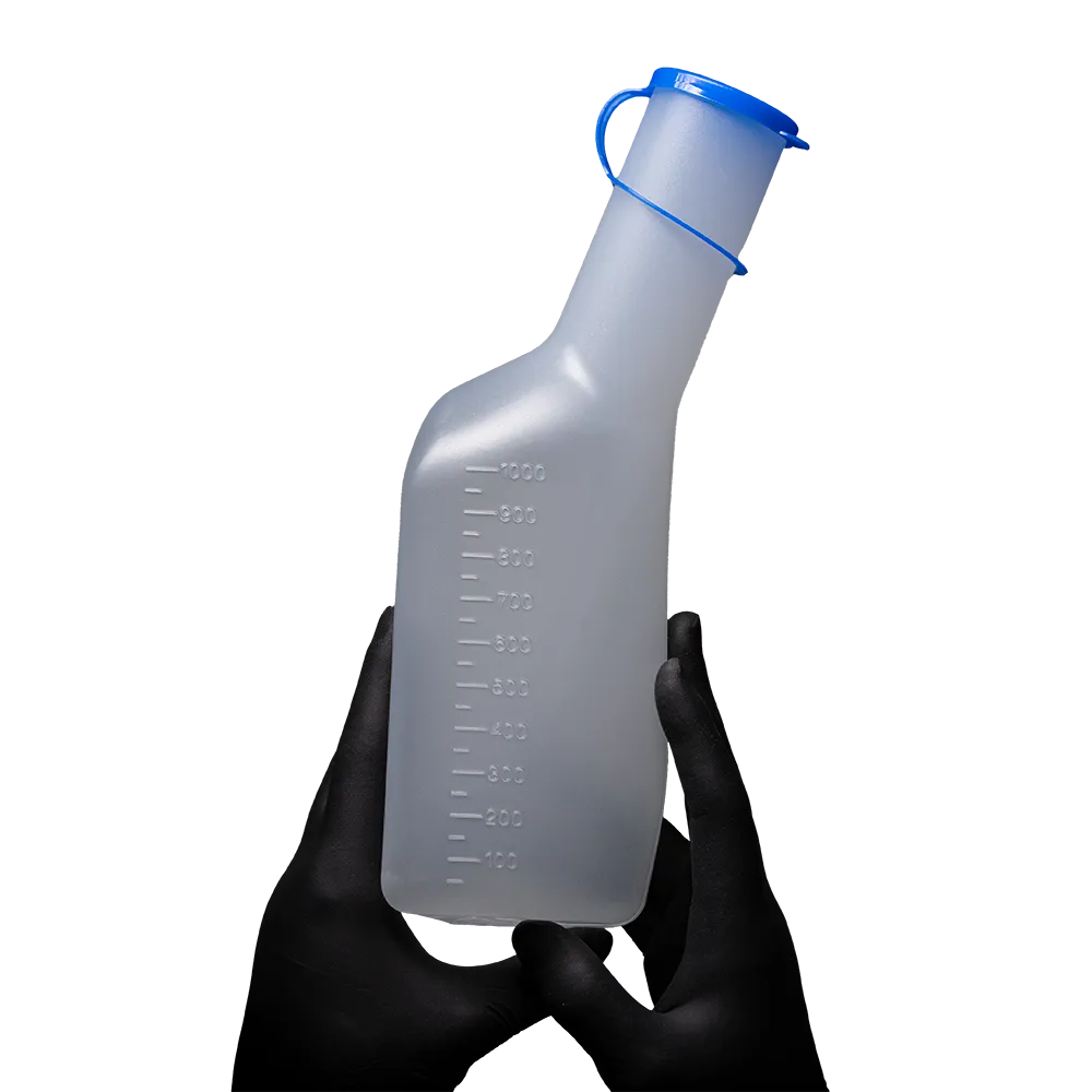 Medizinische Produkte -PP Urinflasche für Männer, eckig, Farbe weiß / milchig, mit blauem PP Deckel, 1 St.