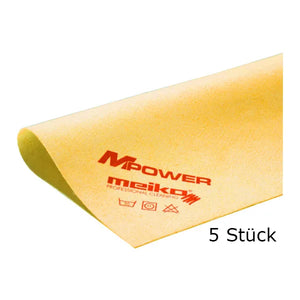 Ein gelbes Mikrofasertuch von Mpower mit Meiko-Logo und Reinigungsanweisungen.