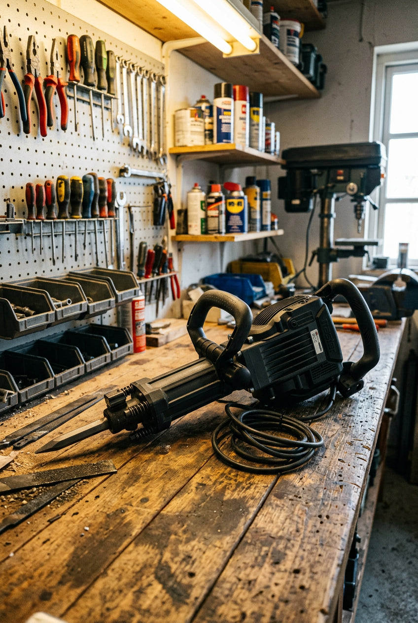 Elektro Meißelhammer MSLHAM mit 1500 Watt, ergonomischem Griff und Tragekoffer.