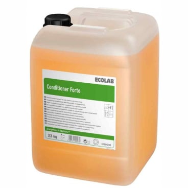 Ecolab Conditioner Forte PF, 23kg Kanister mit orangefarbener Flüssigkeit.