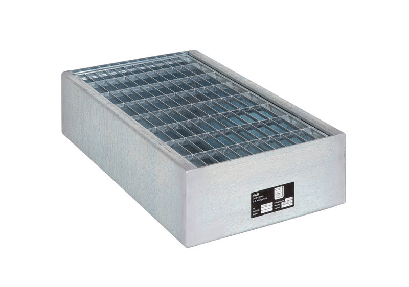 Stahlauffangwanne mit Zinkbeschichtung, 810x470x190 mm, mit integrierten Griffen.