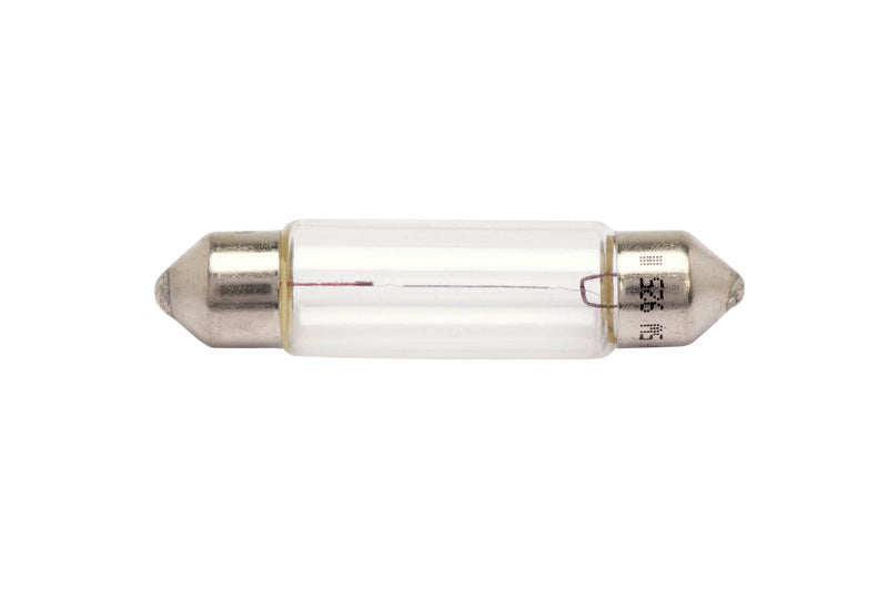 Soffittenlampe for vehicle use with clear glass and metal base visible on white background