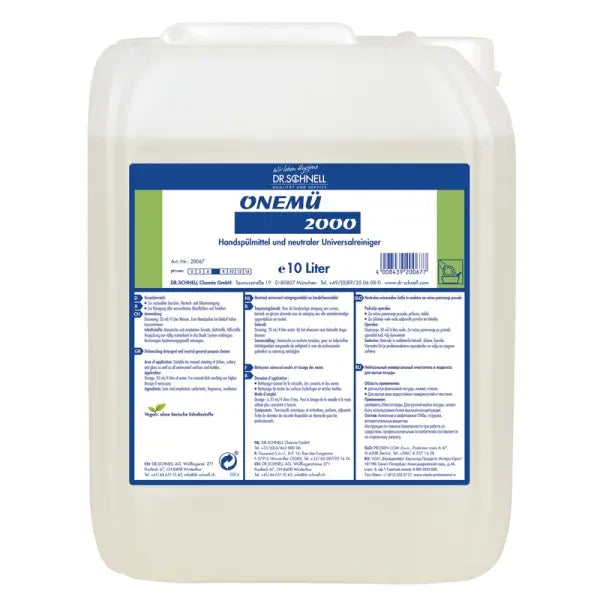 10L Kanister des Onemü 2000 Desinfektionsmittels mit handlichem Auslass.