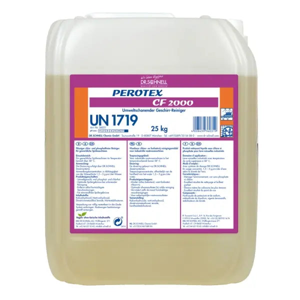 25kg Kanister mit Perotex CF 2000 Konzentrat, einem hochwirksamen Reiniger für Oberflächen.