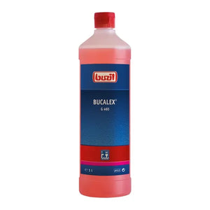 Eine 1-Liter-Flasche Bucalex G 460 mit roter Flüssigkeit und blauem Etikett.