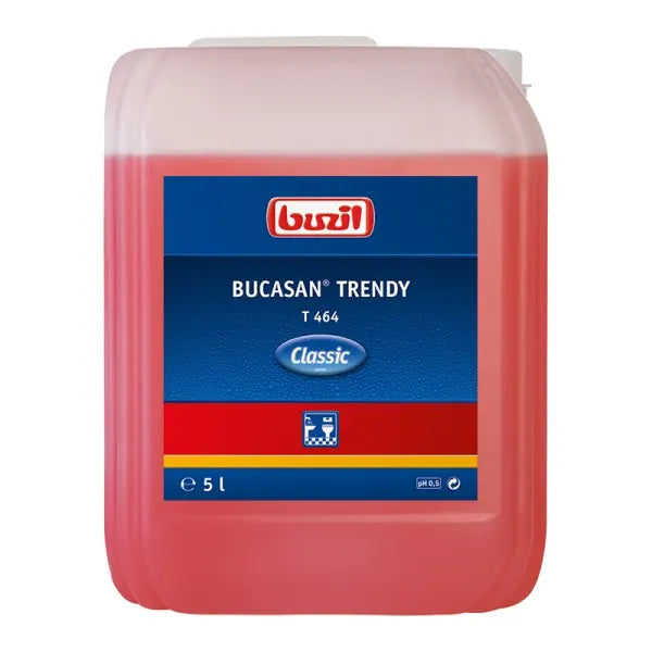 Ein roter 5-Liter-Kanister mit dem Aufdruck "Bucasan Trendy Classic T 464".