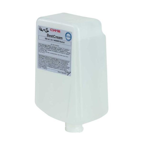 Flasche mit 500ml farbloser Seifencreme ohne Parfüm, geeignet für empfindliche Haut.