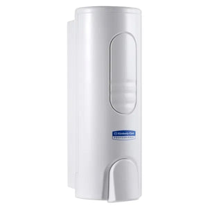 Weißer Seifenspender von Kimberly-Clark mit blauem Logo.