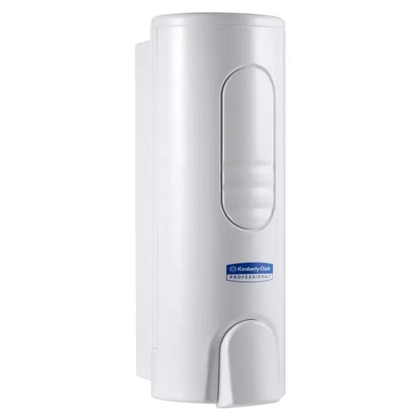 Weißer Seifenspender von Kimberly-Clark mit blauem Logo.
