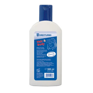 Flasche Dreiturm Hair & Body Shampoo 500ml mit blauem Deckel.