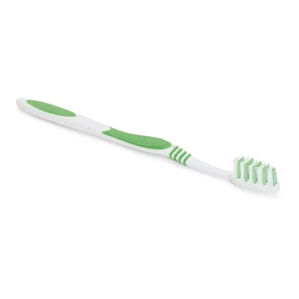 Zahnbürste mit weißem Griff und grünen Borsten.