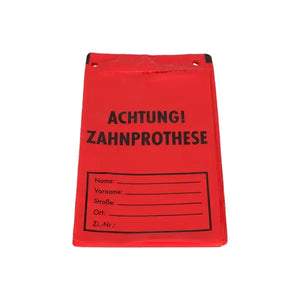 Roter LDPE Blockbeutel mit Aufdruck "ACHTUNG! ZAHNPROTHESE" und Feldern für Adressdaten.
