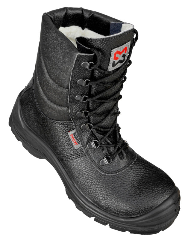 Schwarze Sicherheitsstiefel S3 mit gefütterter Innensohle und rutschfester Sohle in Größe 38.