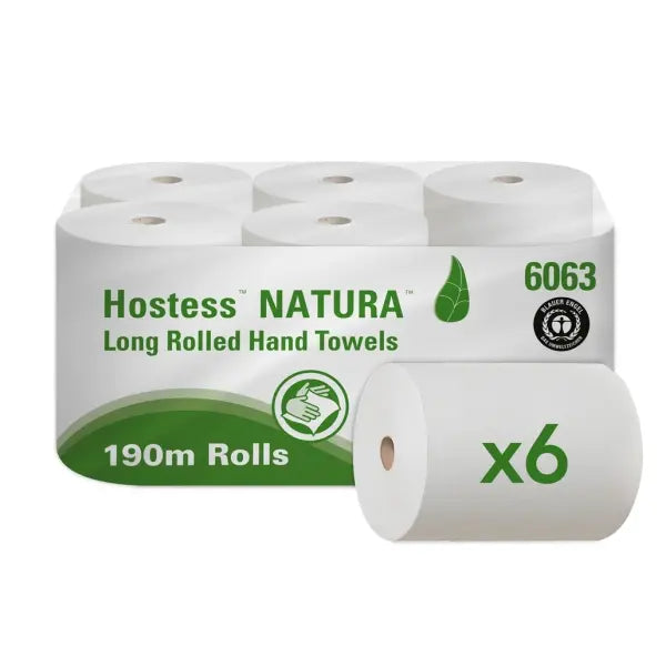 Hostess Natura Long Rolled Hand Towels, 6 rolls, 190m each.