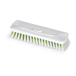 White and green scrubbing brush with a plastic body and bristles.